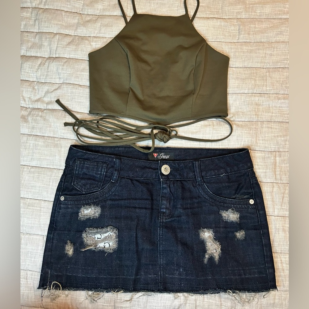 Guess Distressed Mini Denim Skirt w/Express Olive Crop Top and Express Black Top